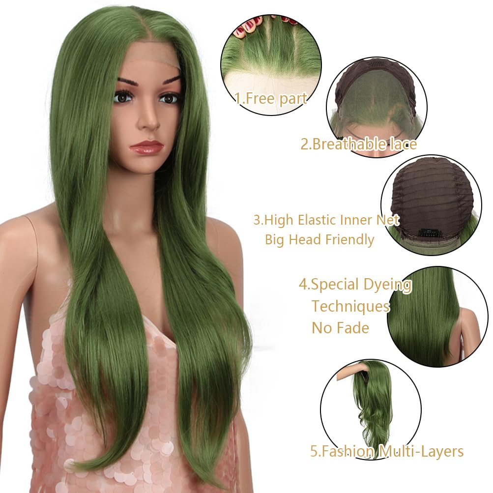 Style Icon Easy-360 Lace Wigs 28  Free Part Lace Frontal Wigs Green Synthetic Wig (28 , QT GREEN14)