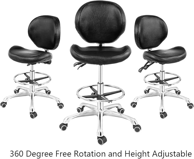 Grace&Grace Drafting Chair Adjustable Tall Shop Stool, Rolling Chair with Backrest and Footrest for Computer, Studio, Workshop, Classroom, Lab, Counter, Home Office (Black)