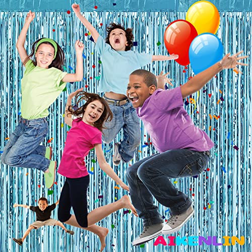 4 Pack Light Blue Foil Fringe Curtain Backdrop, 3.2Ft x 9.8Ft Metallic Tinsel Foil Fringe Streamers Curtains for Party, Ph...