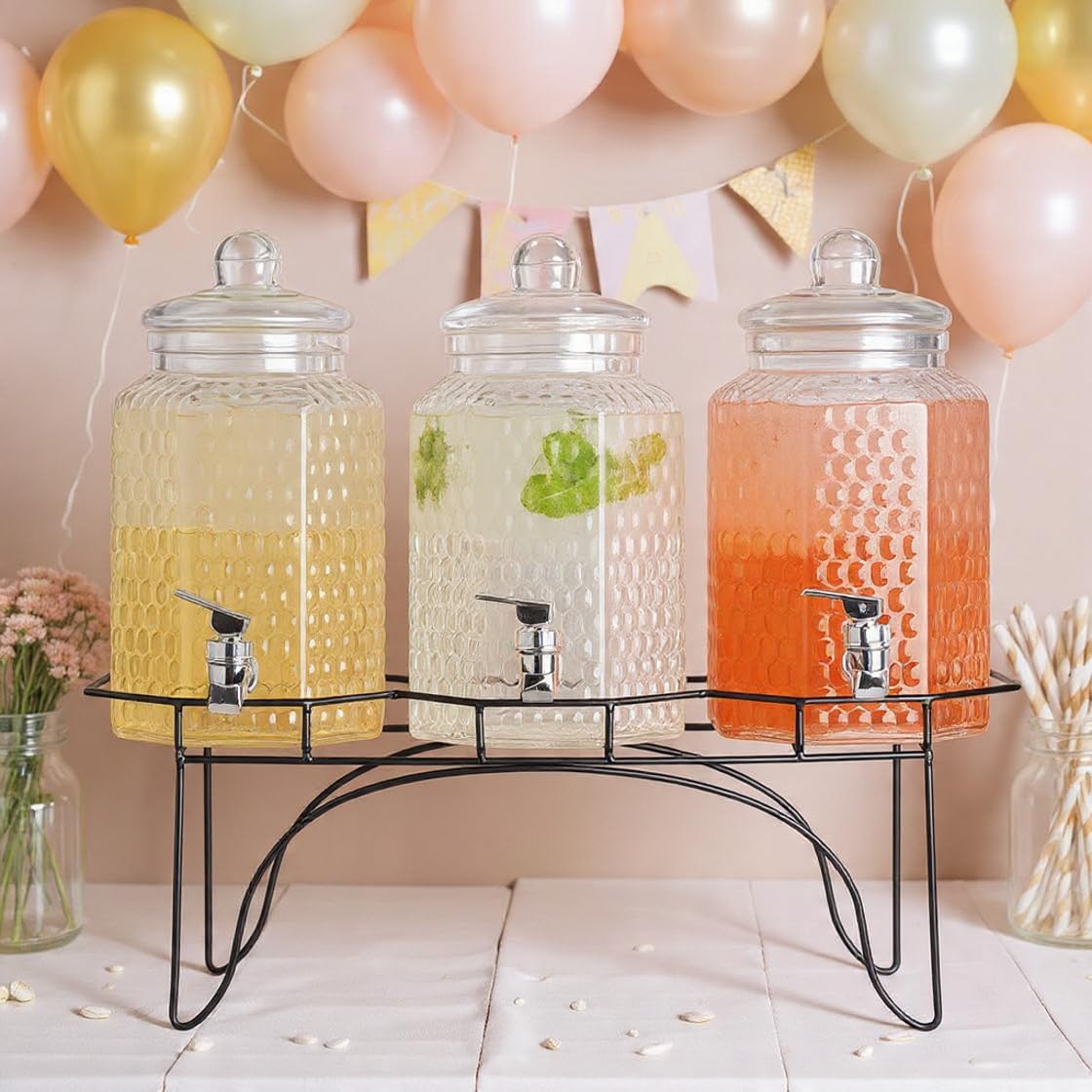 Drink Dispenser Set of 3 - Beverage Dispenser with Stand - Glass Drink Dispensers for Lemonade, Juice, Water, Iced Tea, Punch - 1-Gallon Countertop Party Drink Dispensers