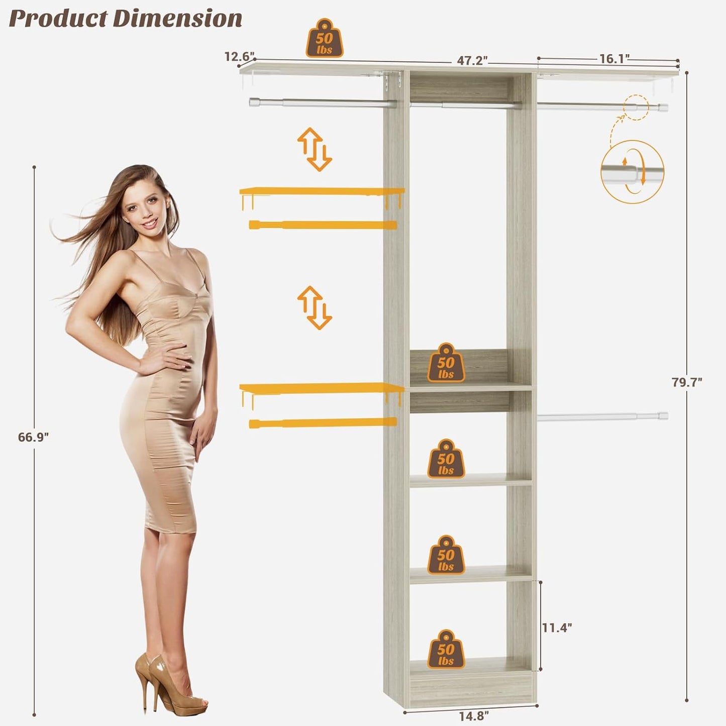 48" Small Closet Organizer, 4FT Small Closet System with 4 Closet Rods & 3 Shelves, 80"H Small Closet Organizers and Storage for Small Bedooms, Cloakrooms, Laundry Rooms, White Oak