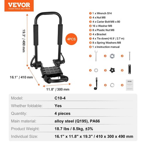 VEVOR Kayak Roof Rack 2 Pairs J-Bar, Soft Roof Rack Quick Folding, Top Mount Tie Down, Carrier for Kayak, Surf Board, Canoe, SUP, Ski Board, Mount on Car, SUV, Truck, 2 Kayaks