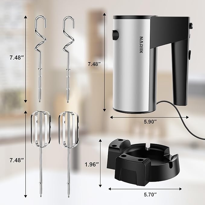 Electric Hand Mixer, 600W Kitchen Handheld Mixer, Turbo Boost/Self-Control Speed + 5 Speed + Eject Button + Stainless Steel Hand Beaters*2 & Dough Hooks*2, Kitchen Mixer for Cream/Cookies/Dough