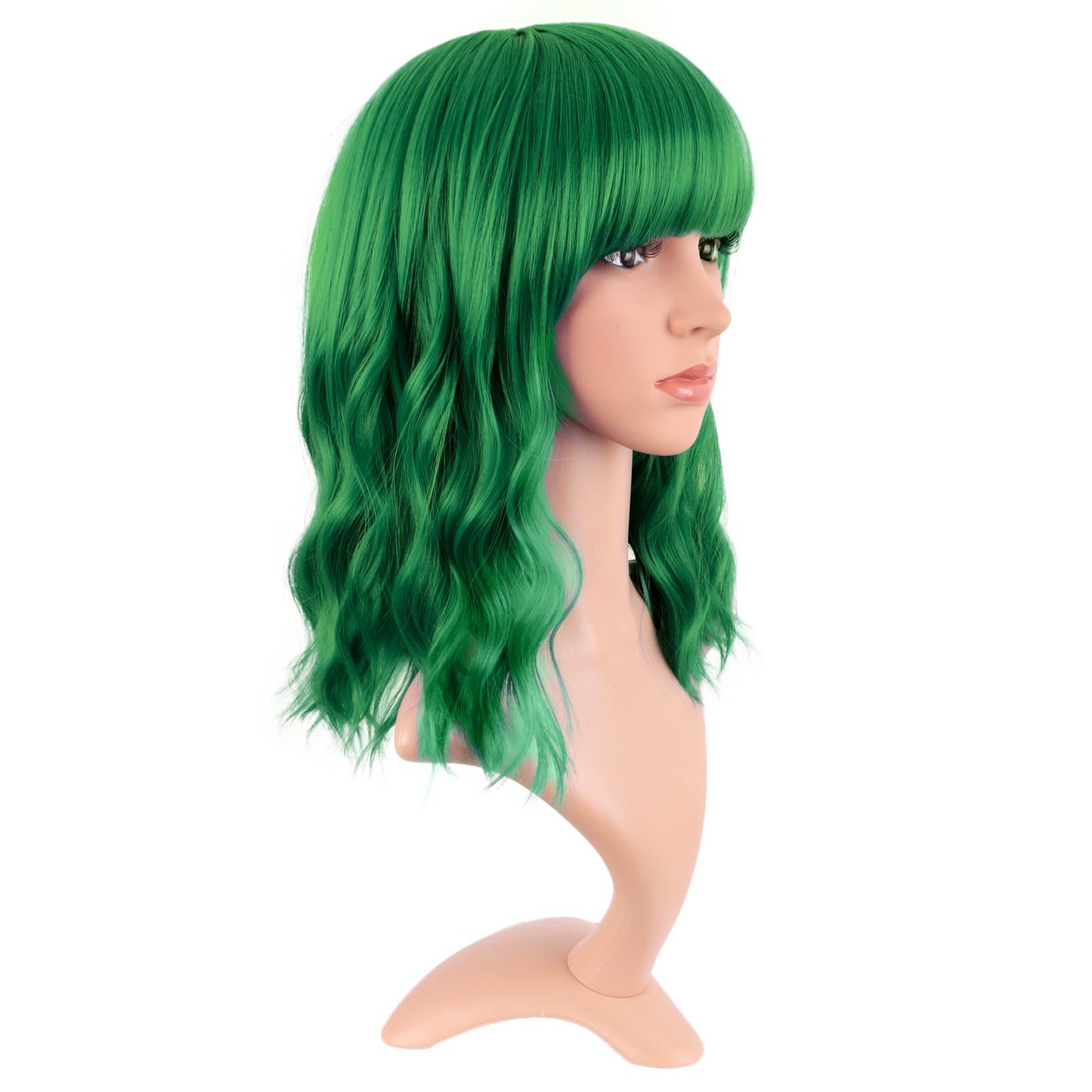 MapofBeauty 14 Inch/35 cm Short Wavy Curly Women Fresh Bright Synthetic Ordinary Flat Bangs Bob Wig (Grass Green)