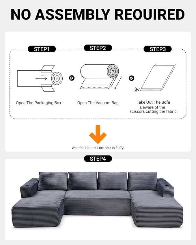 132" Modular Sectional Sleeper Sofa, Boneless Cloud Couch for Living Room, U Shaped 5 Seat Sofa with 2 Cup Holders, Free Combination, No Assembly Required (Grey)