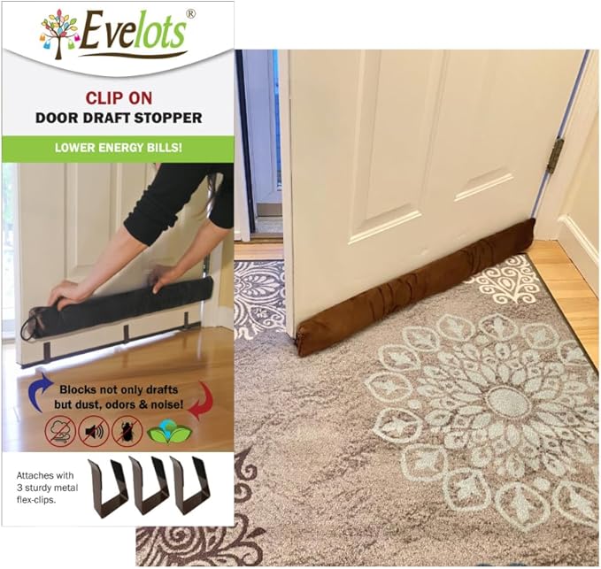Evelots Cold, Hot Air Door Draft Stopper - Strong Metal Clips - Block Cold Air, Noise, Dust - Warm & Quieter Home- No Need to Bend Down- 36 Inch Wide - for Door Gaps up to 1 Inch - Save Energy