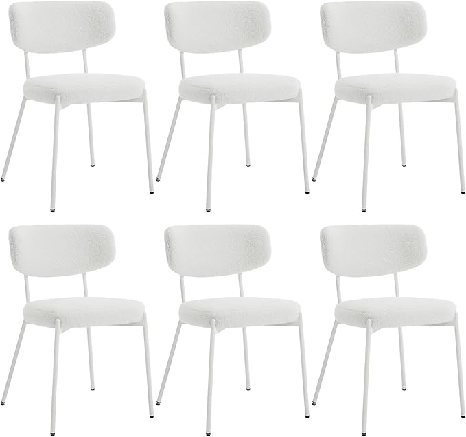 KCC Boucle Dining Chairs Set of 6, Modern Mid-Century Upholstered Stylish Kitchen Chairs Sherpa Accent Diner Chairs with Metal Legs and Curved Back for Kitchen, Dining Room(White)