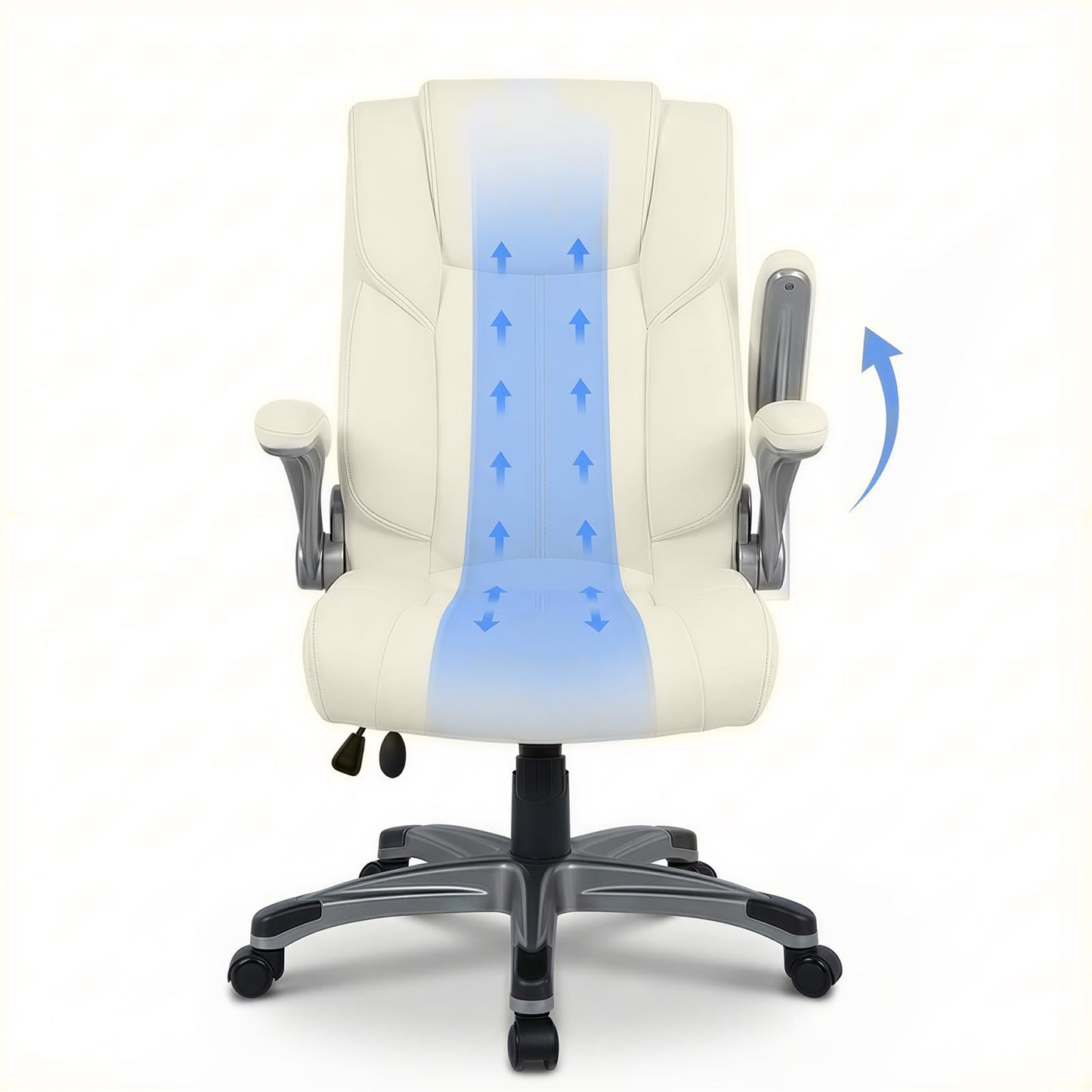 COLAMY Ergonomic Executive Office Chair, High-Back PU Leather Desk Chair with Flip-Up Armrests, Adjustable Inflatable Lumbar Support, Thick Seat Cushion, 90–110° Recline, Pearl White