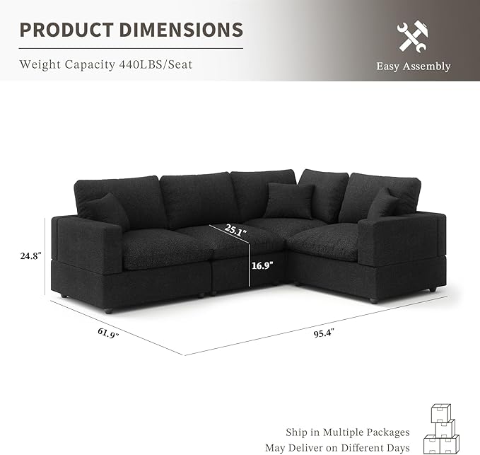 Cloud Couch Modular Sectional Sofa, 95.4" 4-Seater L Shaped Sectional Couches for Living Room, Convertible Cloud Sofa with Ottoman, Down Filled Wide & Deep Seat, Removable Washable Cushion Covers