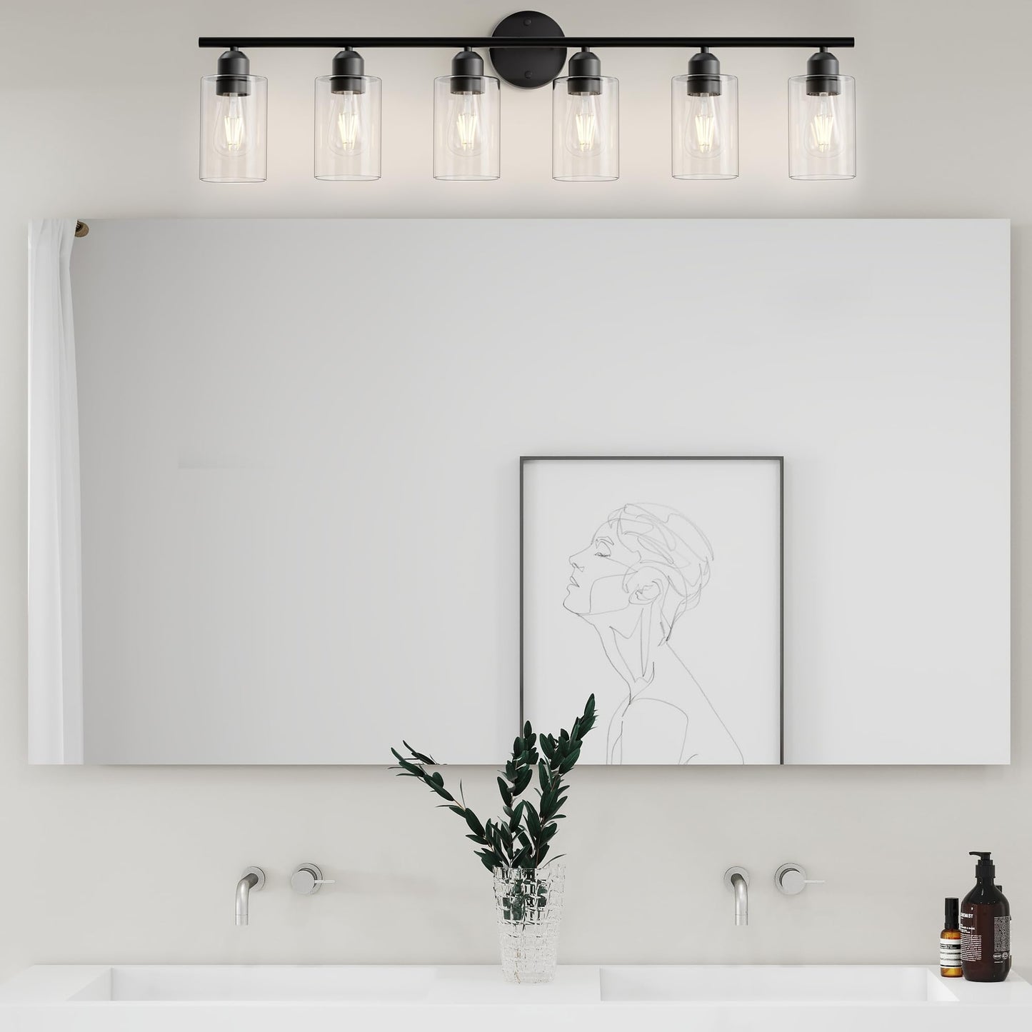 Espird 6 Lights Bathroom Vanity Light Fixtures Matte Black,Rustic Farmhouse Vanity Lighting Over Mirror Modern Industrial Lamp with Cylinder Glass Shade UL Certified