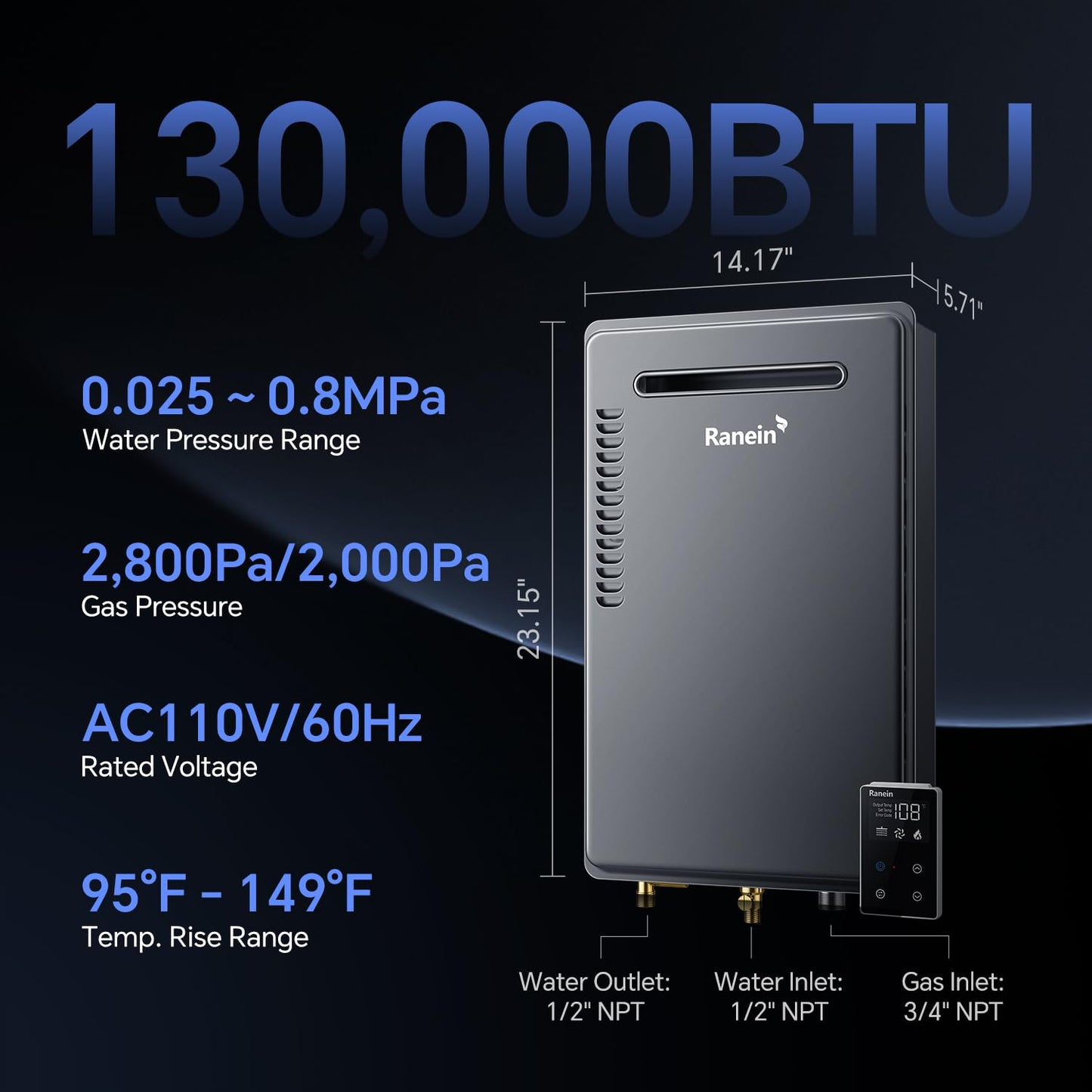 Ranein Propane Gas Tankless Water Heater, Outdoor Max 5.3 GPM, 130,000 BTU Instant Hot Water Heater