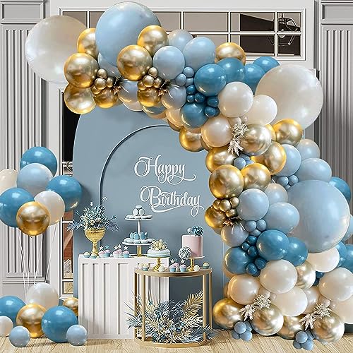 Dusty Blue Balloons Garland Kit, Fog Blue Royal Blue Pastel Blue Sand White Metallic Gold latex Balloons for Bridal Shower...