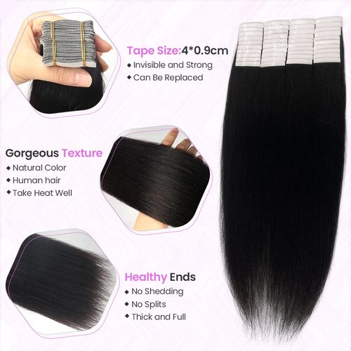 100G Tape in Hair Extensions Yaki Straight Tape in Human Hair Extensions 4C for Black Women 40Pcs Double Sided Seamless Skin Weft Tape on Hair Pieces InvisibleTape ins 18 Inch for Short Hair