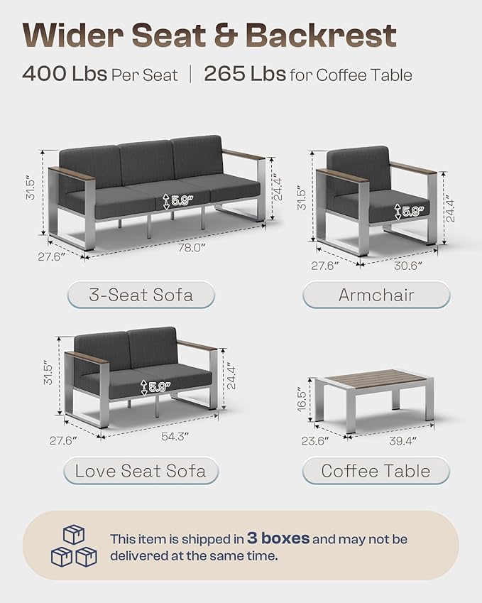 ComfCove Aluminum Outdoor Furniture Set, 4 Seats Outdoor Patio Conversation Sets with Ergonomic Seat and Wide Washable Thick Cushions, Modern Patio Sectional Furniture for Balcony, Porch (Charocal)