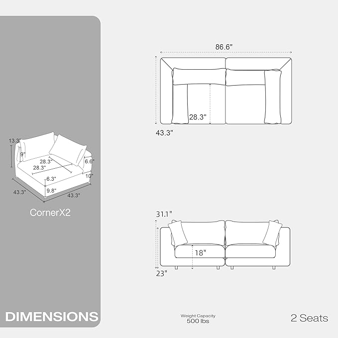 Fajiani Oversized Modular Sectional Sofa,Cloud Couch Deep Seat Sofa Cushion Covers Removable, Oversized Sectional Couches for Living Room (Loveseat-Cream White)
