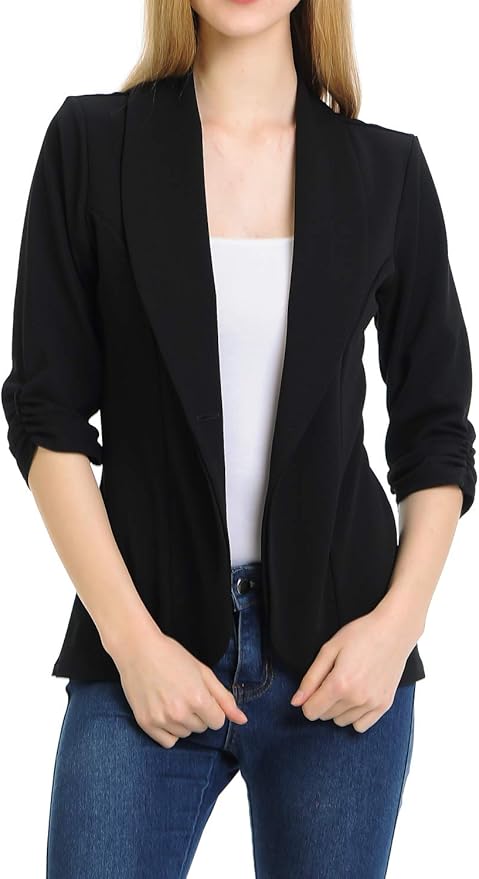 MINEFREE Women's 3/4 Ruched Sleeve Lightweight Work Office Blazer Jacket (S-3XL)