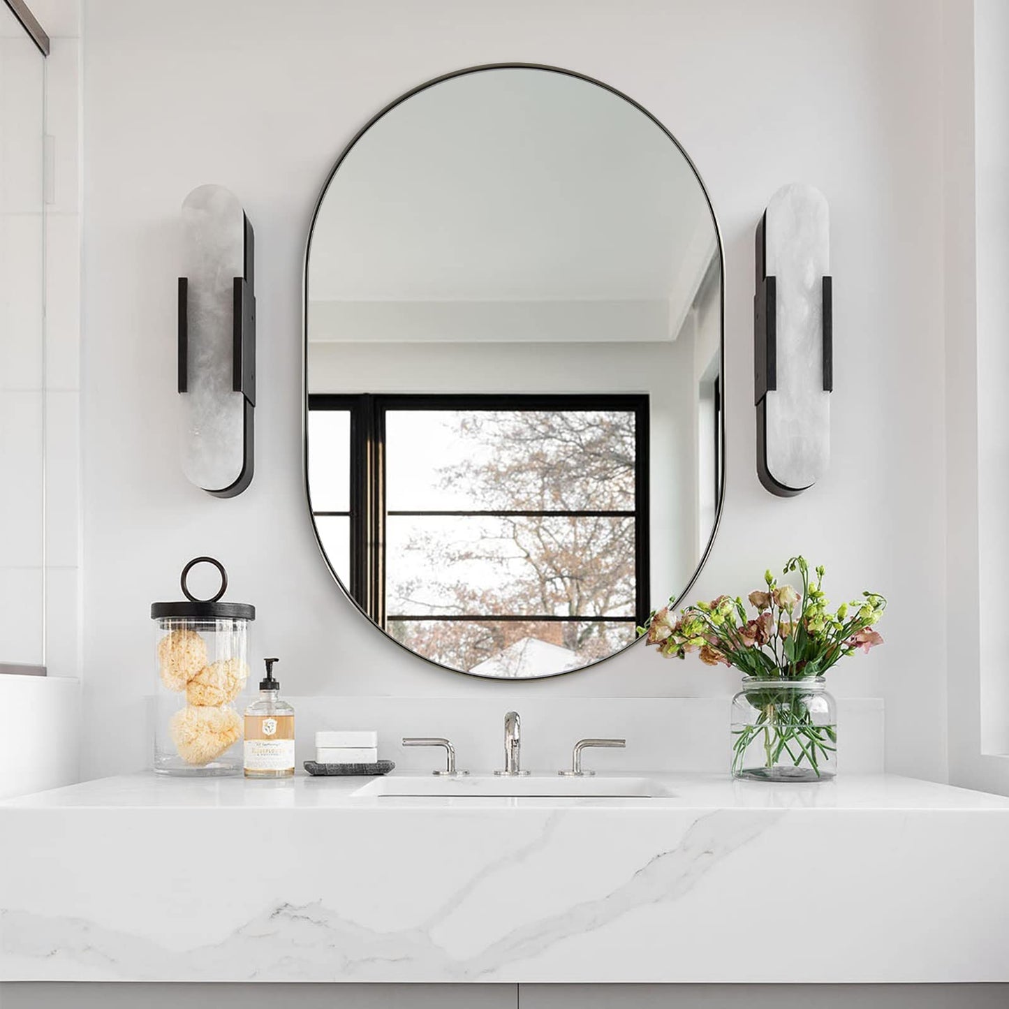 ANDY STAR Chrome Bathroom Mirror, 26x38’’ Oval Mirrors for Bathroom, Pill Shaped Mirror Chrome Metal Framed, SUS304 Anti-Rust, 1’’ Deep Wall-Mounted Vertically/Horizontally