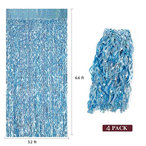 4 Pack Light Blue Party Foil Curtain - CYLMFC 3.3 ft x 6.6 ft Wavy Photo Booth Backdrop Metallic Tinsel Foil Fringe Curtai...