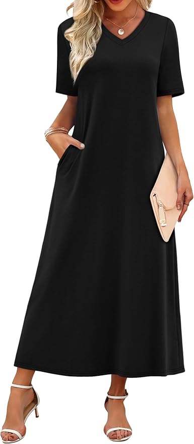 WIHOLL Women's Maxi Dresses V Neck Vacation Beach Sundresses Floral Travel Summer Dress