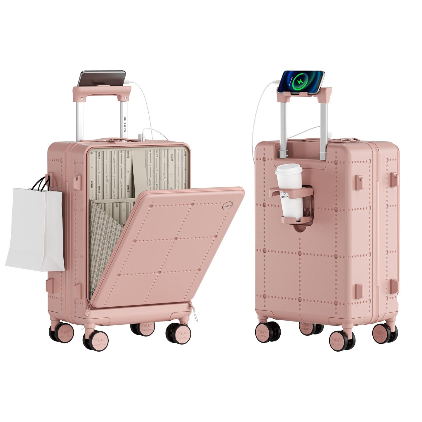 Santino Carry On Luggage 22x14x9 Airline Approved 20 Inch baggage pc Hard Shell Suitcase with Spinner Wheels TSA Lock with USB Port and Cup Holder and phone holder Top Opening Suitcase