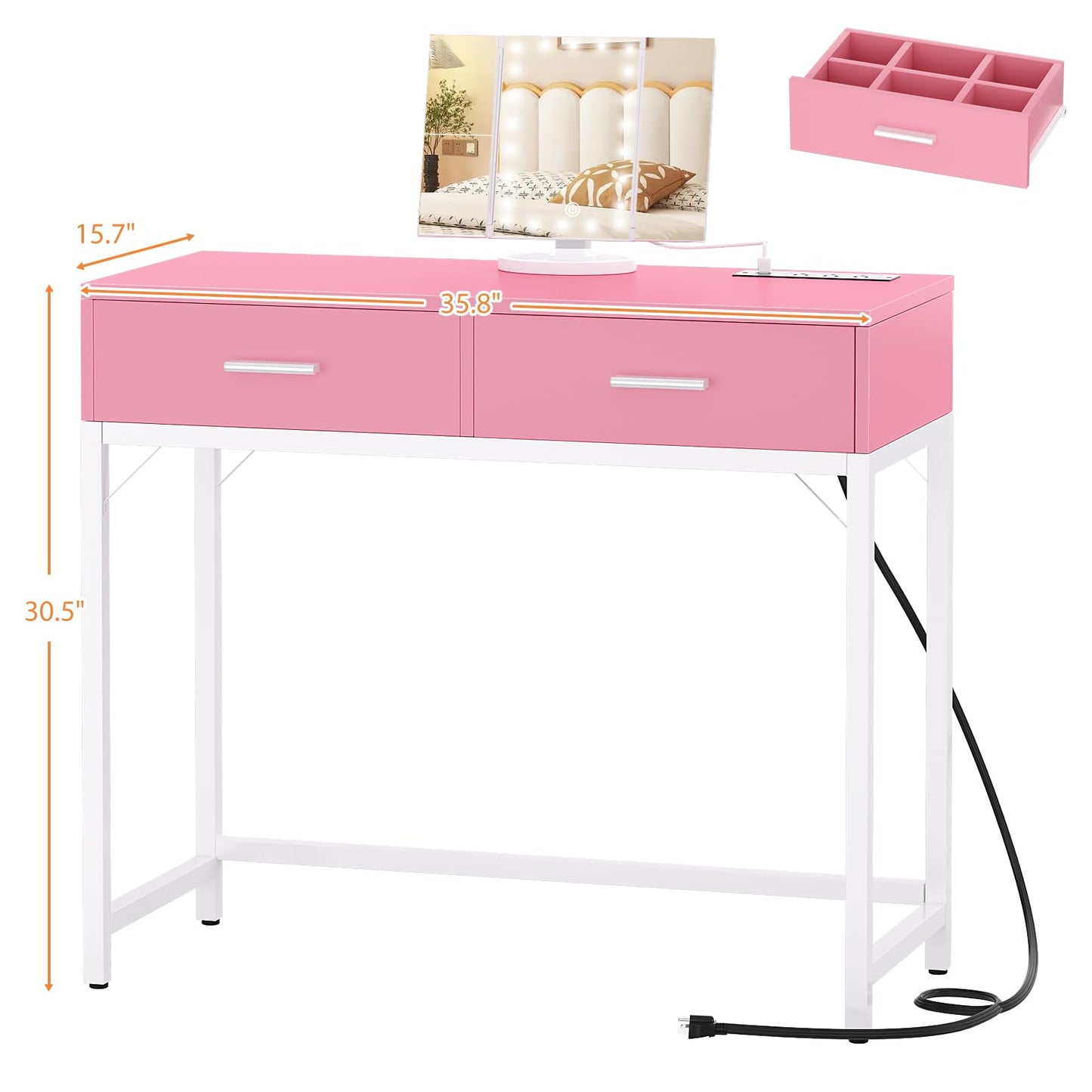 Cyclysio Vanity Desk with Mirror and Lights, 36'' Makeup Vanity Desk with Power Outlet, Small Vanities Set Dressing Table with Drawers for Bedroom, Pink