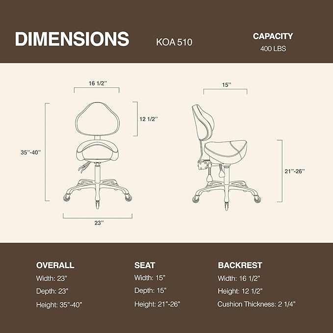 Pneumatic Swivel Rolling Saddle Chair with Wheels and Ergonomic Back Support for Hair Stylist, Dental Hygienist, Hygienic Clinic, Spa, Massage, Home, Office - 510 KOA (Tan, Standard)