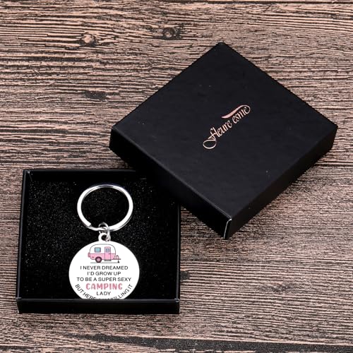 Funny Camping Keychain for Women Super Sexy Camping Lady RV Gifts Happy Camper Gift Cool Camper Accessories for Her RV Ess...
