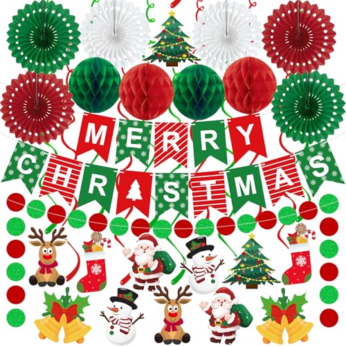 25pcs Christmas Party Decorations Merry Christmas Banner Paper Fan Garlands String Circle Dot Honeycomb Ball Swirl Streame...