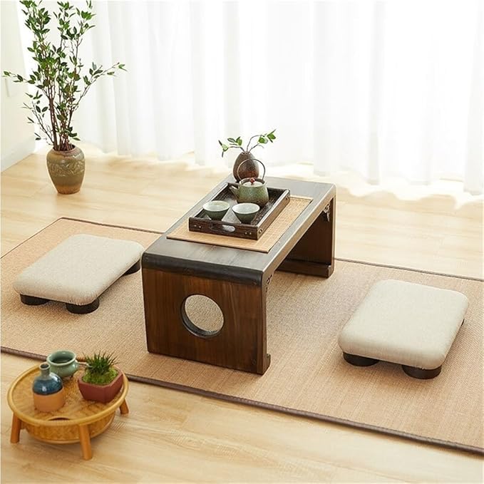 Japanese Tatami Low Stool, Solid-Wood Floor Chair with Cushioned Linen, Bedside Bench or Low Table Seating, Footrest for Meditation(40 * 27 * 8cm)