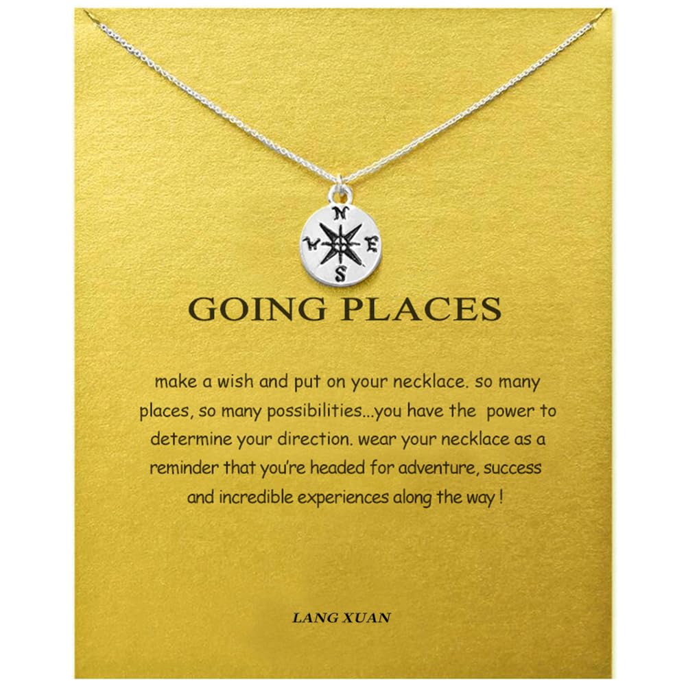 LANG XUAN Message Card Compass Pendant Necklace Friendship Starfish Good Luck Elephant Pendant Chain Necklace with Gift Card