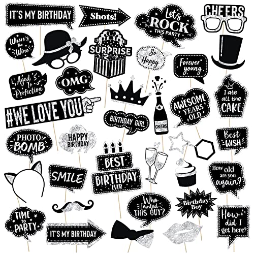 Outus 36 Pcs Birthday Photo Booth Props Kit Happy Birthday Graduation Wedding Party Favors Supplies Bday Party Decor 40th-...