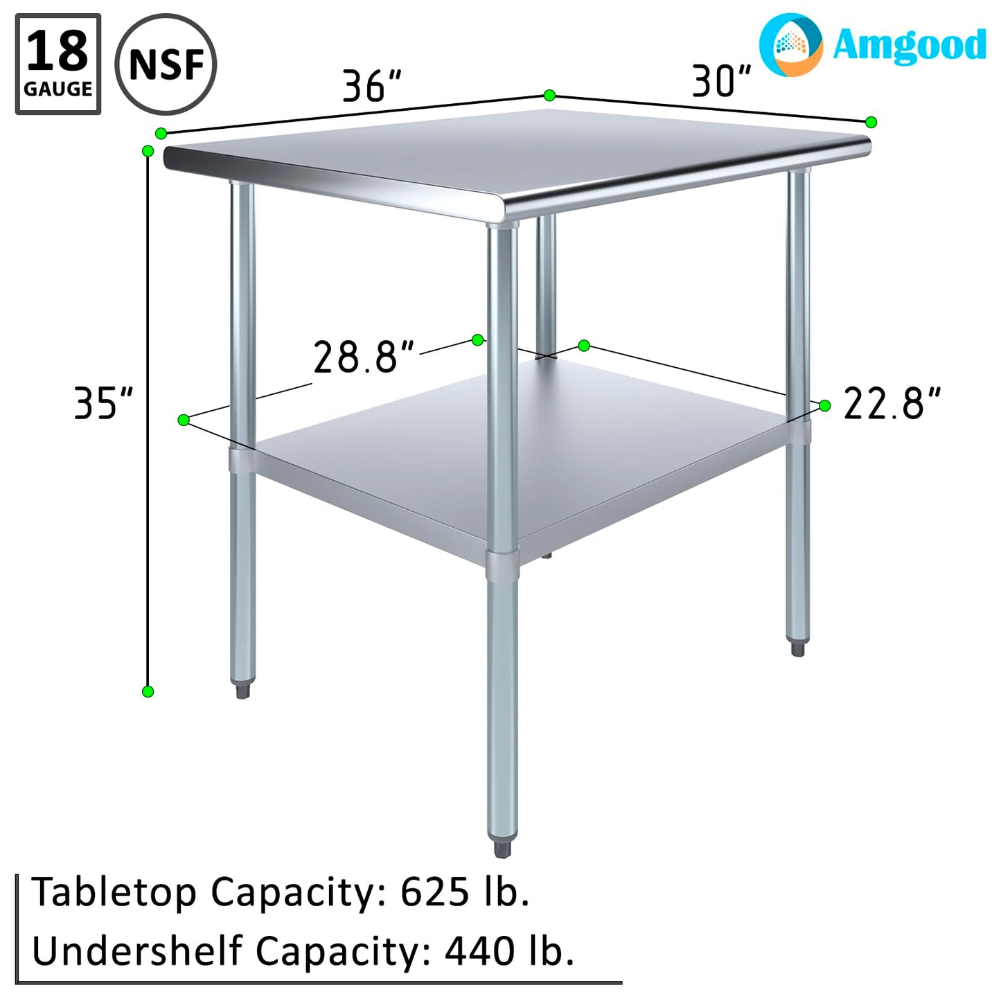 AmGood 30 in. x 36 in. Stainless Steel Work Table | Metal Kitchen Food Prep Table | NSF