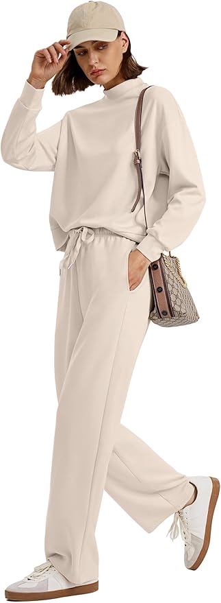WIHOLL Two Piece Sets for Women Fall Outfits Lounge Sets Mock Neck Tops Wide Leg Pants Vacation Travel Airport Outfits