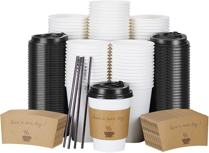 BYSNOW 100 pack 12 oz Disposable Thickened Coffee Cups with Lids, Scald Resistant Hot Cup with Sleeve and Straw, To Go Cof...