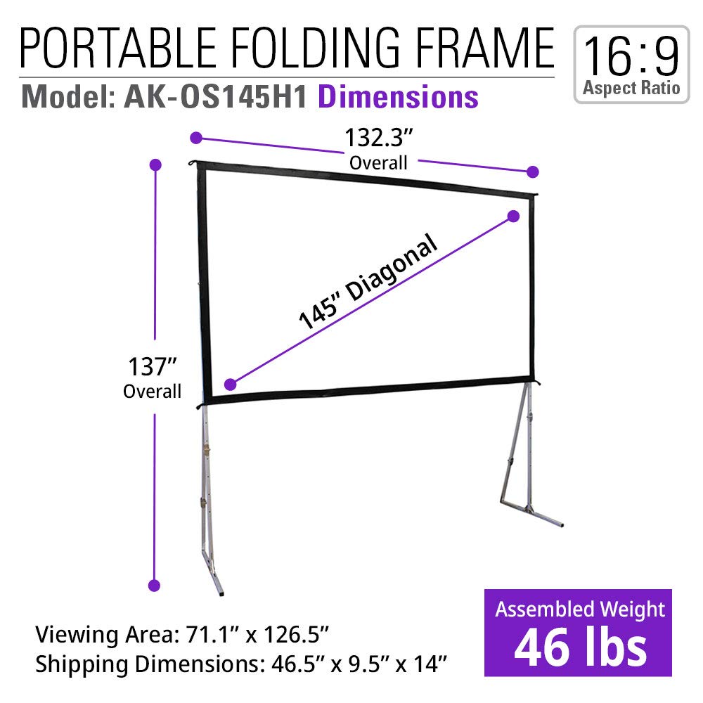 Akia 145 Inch Projector Screen with Stand and Carry Bag for Indoor & Outdoor Use – Portable Backyard Movie Display for 4K Ultra HD Viewing, Foldable Cinema Frame with Adjustable Support – AK-OS145H1.