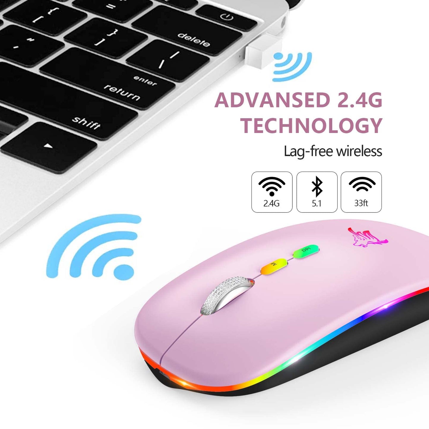 Hotlife Led Wireless Mouse, Slim Rechargeable Wireless Bluetooth Mouse, 2.4G Portable Usb Optical Wireless Computer Mice With Us
