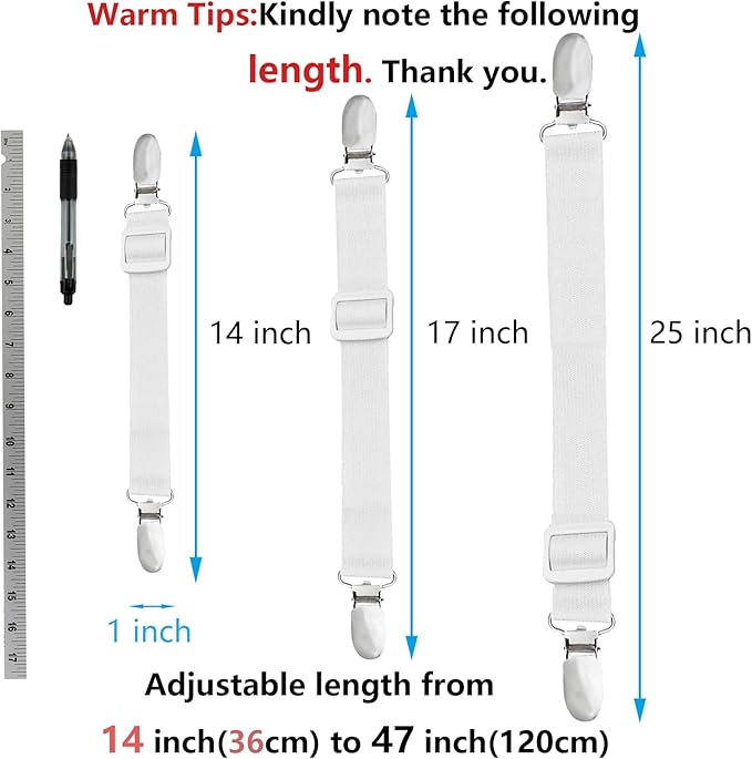 8-Piece Adjustable Bed Sheet Straps - Elastic Fitted Sheet Holders, Universal Sheet Fasteners from 14 to 47 Inches, Mattress & Sofa Cushion Covers, White