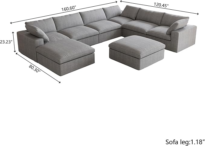 Cloud Modular Sectional Sofa,Down Filled U Shaped Couch for Living Room,Oversized 8 Seater Living Room Sets Minimalist Wide Deep Seat Convertible Couches,Sofa Cover Washable & Removable (Grey)