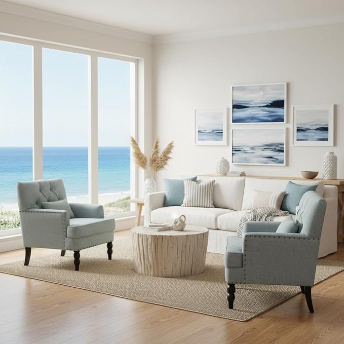 HUIMO Accent Chairs Set of 2, Tufted Club Chair Set of 2 with Lumbar Pillow,Upholstered Button Armchair, Linen Fabric Sofa Chairs for Bedroom, Living Room, Mid Century Modern Reading Chair,Light Blue