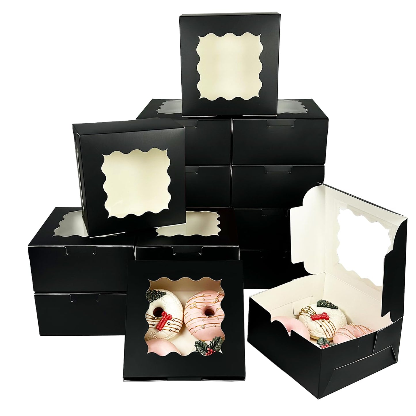 Bakepacker Black 30-Packs Bakery Boxes with Window 6x6x3 inches Thick & Sturdy Macaroon Pastry Boxes Cookie Boxes for Bakerys
