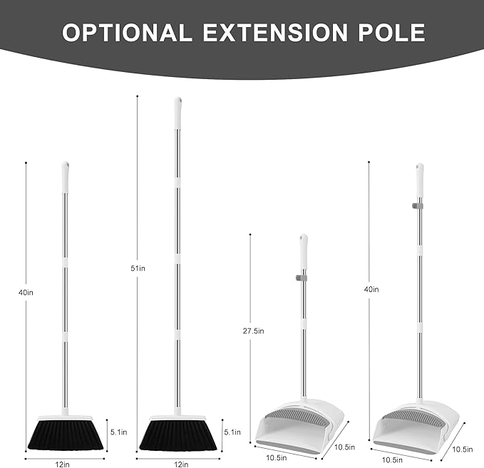 Broom and Dustpan Set, Broom with Dustpan Combo Set for Home 54-in Long Adjustable Handle Dustpan Teeth to Clean Hair for Home Office Kitchen Lobby