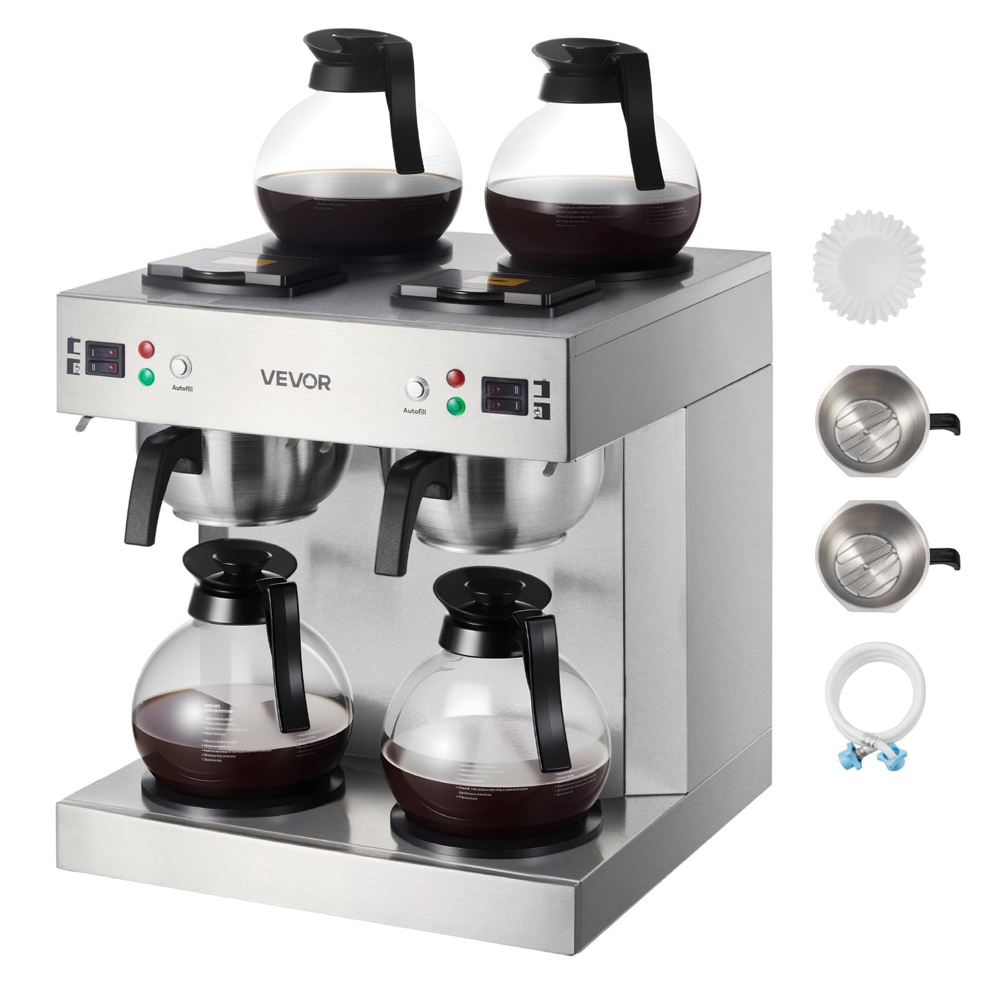 VEVOR Commercial Drip Coffee Maker, 24 Cups Coffee-Maker Machine with 4 Glass Carafes and 4 Decanter Warmer Plates, Stainless Steel Dual-Head Coffee Brewer, for Restaurant, Office, Coffee Shop & Home