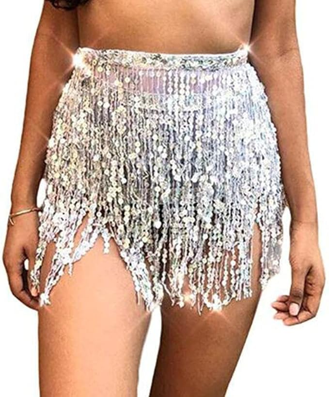 Women Sequin Tassel Skirt Glitter Sparkly Fringe Belly Dance Hip Scarf Skirts Metallic Rave Party Belts Costume