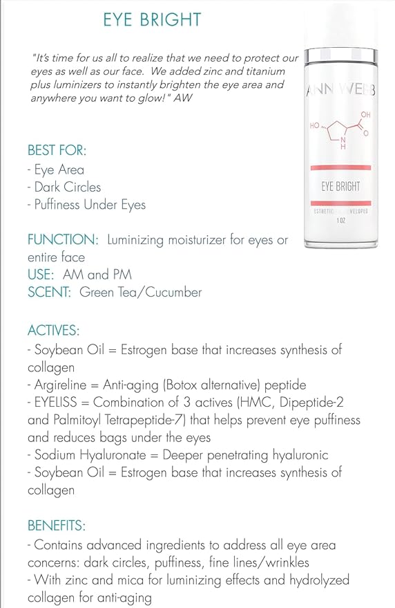 Eye Bright Cream - Anti Aging Eye Cream w/Collagen Peptides & Hyaluronic Acid for Dark Circles, Firms Fine Lines 1oz