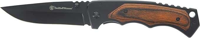 Smith & Wesson 8.5in S.S. Folding Knife with 3.7in Drop Point Blade and S.S. and Real Wood Insert Handle for Outdoor