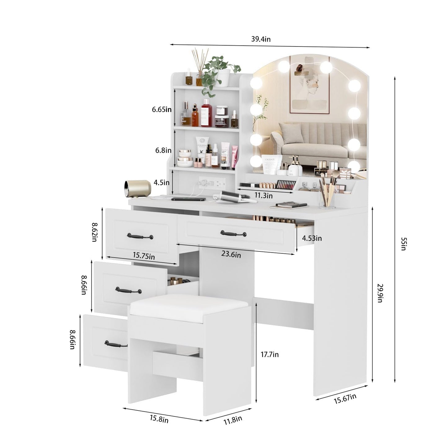 Vabches Makeup Vanity Desk with Lights and Charging Station, White Vanity Set Makeup Table with 4 Drawers Lots Storage, 3 Lighting Colors, Large Size 39.4in(W)