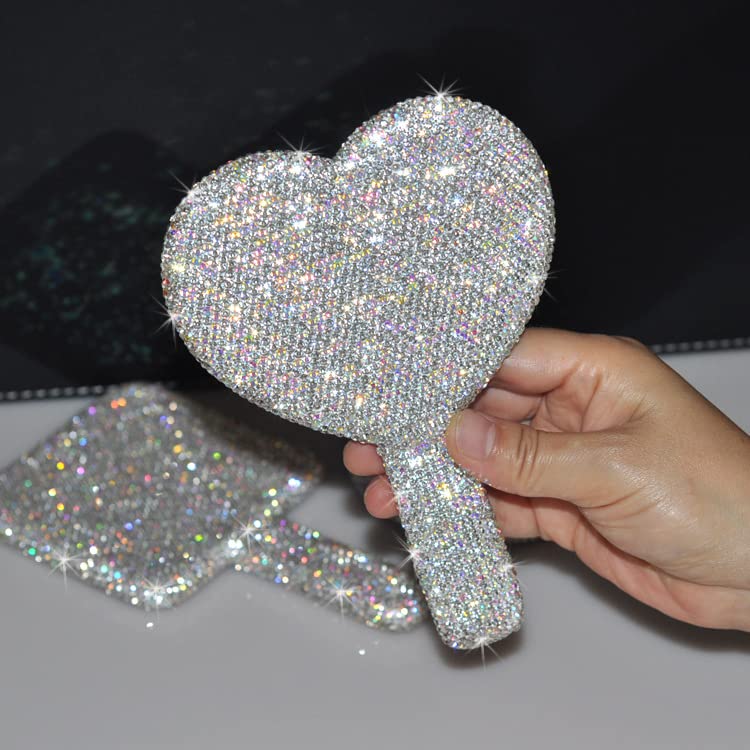 Wowagoga Sparkling Rhinestone Heart Shaped Handheld Mirror Heart Mirror Cosmetic Hand Mirror with Handle Cute Hand Mirror for Wo