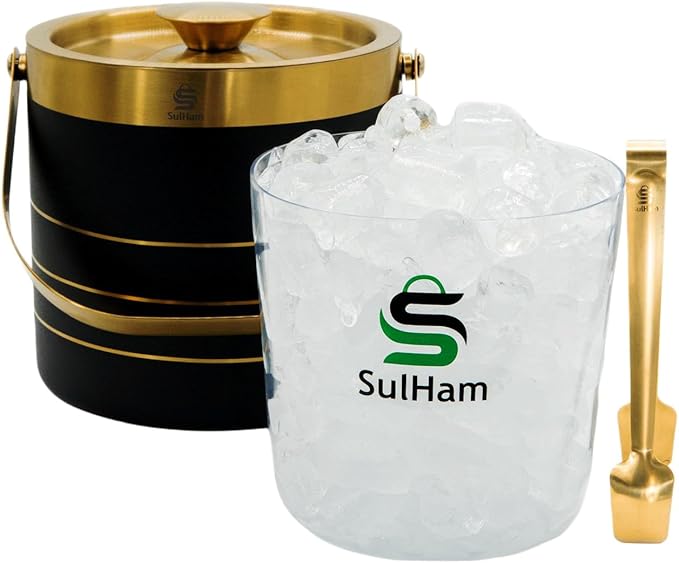 3L - Double-walled stainless Steel Ice Bucket with lid, Ice Tong and Inner Bucket for parties, cocktail bars and indoor an...