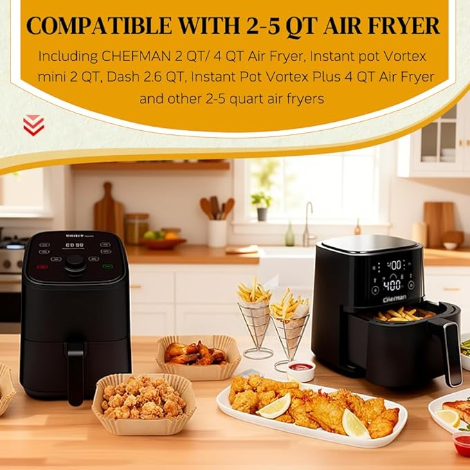 BYKITCHEN Small Air Fryer Disposable Paper Liners for 2 to 5QT Airfryer, Mini Air Fryer Parchment Paper Liners, Compatible with CHEFMAN 2 QT, Cosori 2.1 QT, Dash, Instant Pot Mini Airfryer