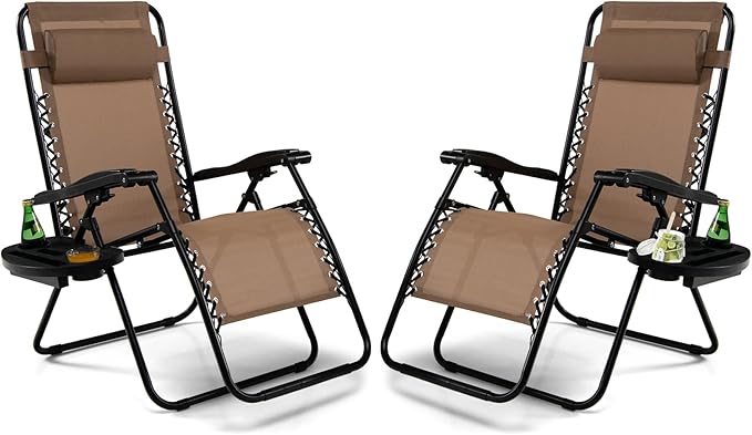 Tangkula Zero Gravity Chair, Folding Patio Lounge Chair Adjustable Outdoor Recliner with Cup Holder, Wide Armrest for Patio Garden Poolside Outdoor Yard Beach, Support 350 lbs (2, Light Brown)